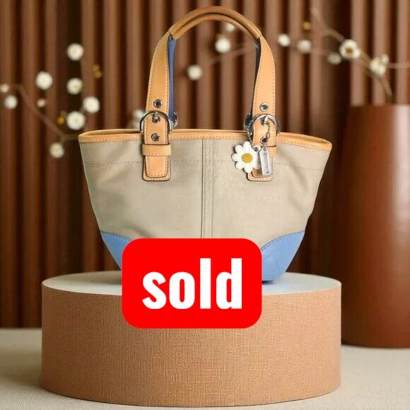 Vintage COACH Y2K baby blue Daisy Twill Satchel Mini Tote in pool/stone - Picture 1 of 11